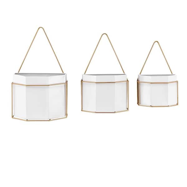 Geometric White and Gold Metal Wall Mounted Planters (Set of 3)
