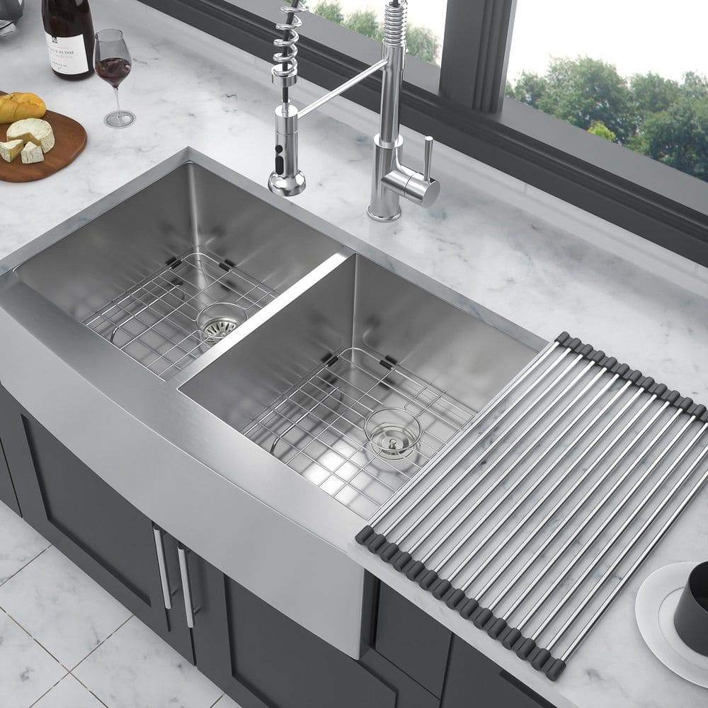 33 in. Farmhouse Double Bowl (50/50) 16 Gauge Brushed Nickel Stainless Steel Kitchen Sink with Bottom Grids price history on PriceWatchPro