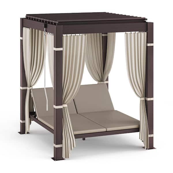 Himba 6.5 ft. x 6 ft. Brown Aluminum Outdoor Gazebo Adjustable Louvered Roof Day Bed with Cushion Reclining Backrest