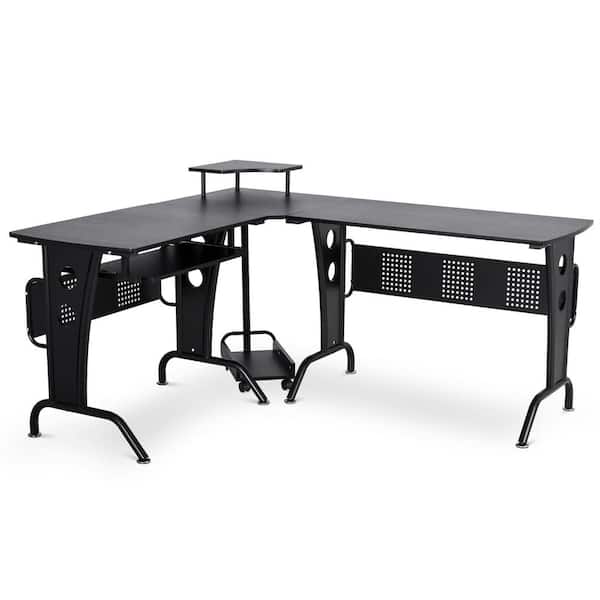 L Shaped Black Wood Computer Desk, Rolling Computer Desk With Keyboard Tray