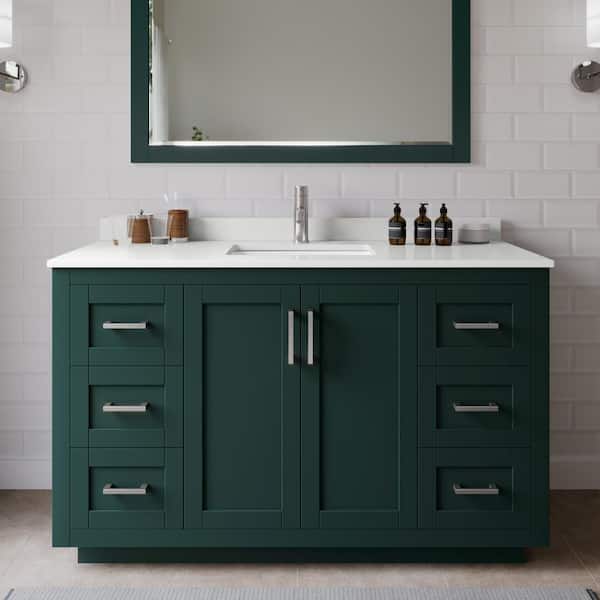 Wyndham Collection Miranda 54 in. W x 22 in. D x 33.75 in. H Single Bath Vanity in Green with White Quartz Top and 46 in. Mirror