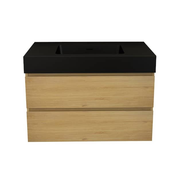 Unbranded 36 in. W x 18 in. D x 25 in. H Freestanding Bath Vanity in Light Oak with Black Solid Surface Top