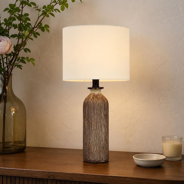 18.7 in. Modern Farmhouse Brown Ceramic Table Lamp with Linen Fabric and Wood Grain Finish Base for Bedroom Living Room