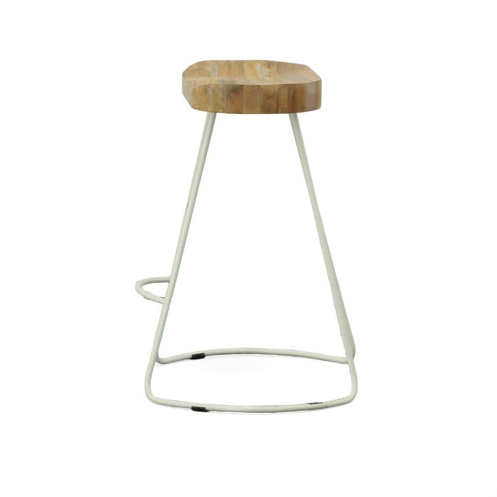 Set of 2 Natural Mango Wood and White Iron Counter Stools