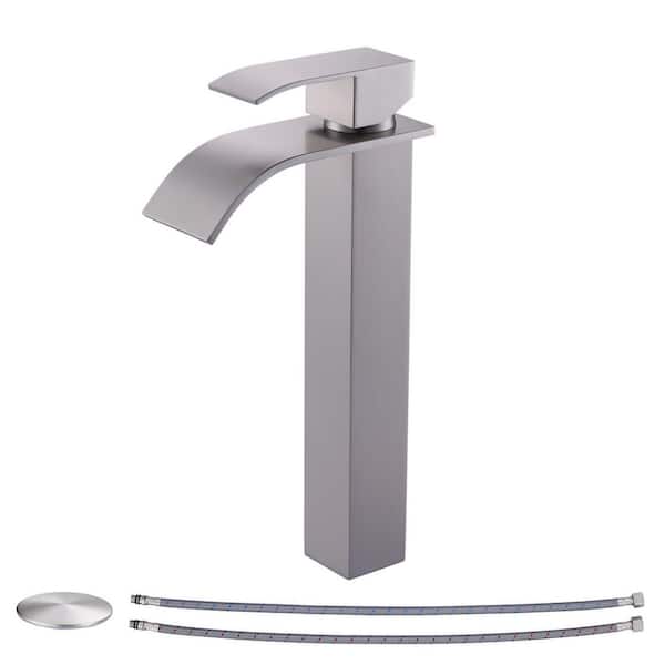 Waterfall Single Hole Single Handle Tall Bathroom Sink Faucet with Pop-Up Drain in Brushed Nickel