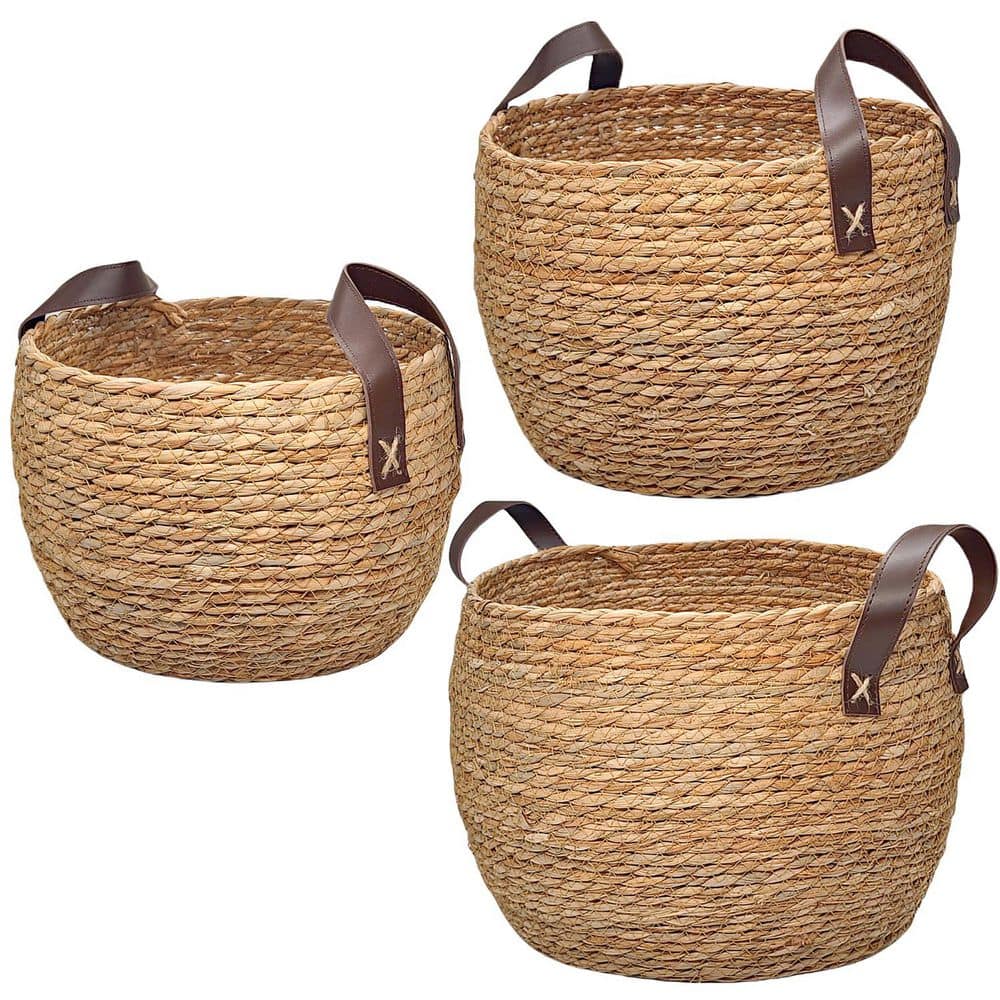 "Brown 13.5"" x 10.5"" Round rattan Seagrass Decorative Basket - With leather handle (Set of 3)" price history on PriceWatchPro
