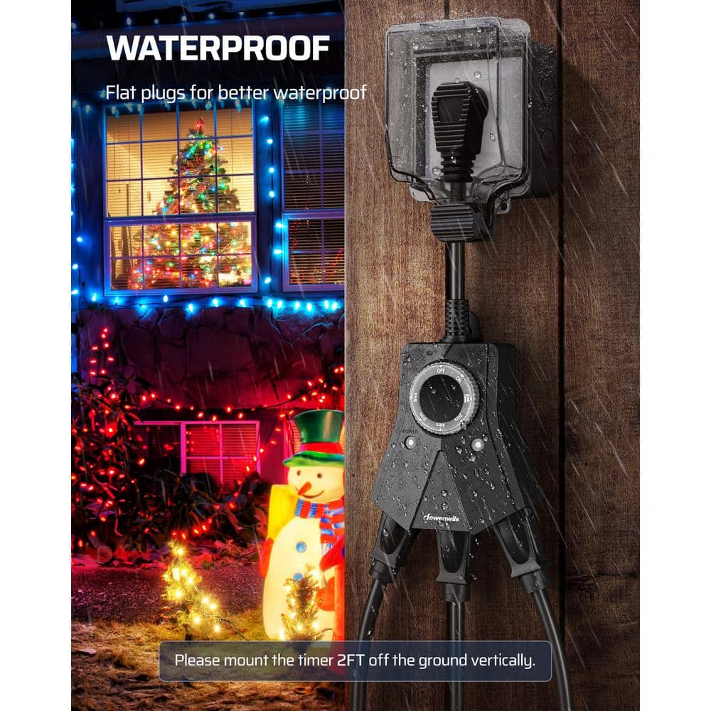 Black Waterproof Outdoor Timer with 3 Outlets and Dusk to Dawn Function