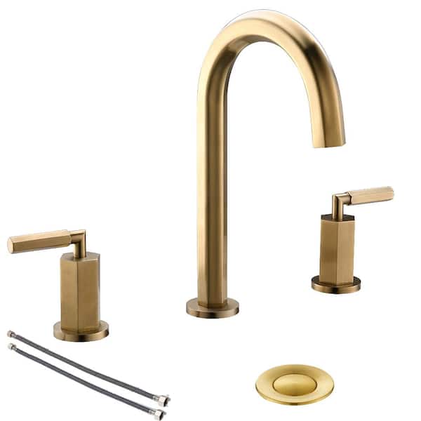 Phiestina 8 in. Widespread Double-Handle Bathroom Faucet with Drain Kit and Metal Pop-Up Hexagonal Spout in Brushed Gold