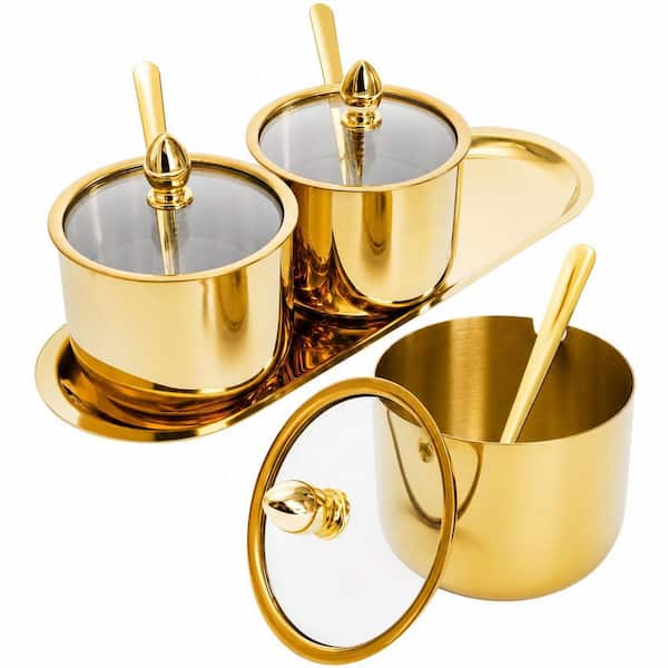 Set of 3 11 oz. Gold Stainless Steel Condiment Containers with Glass Lid Spoon and Tray