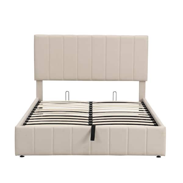 Unbranded 77.90 in. W Beige Linen Full size Wood Frame Platform bed with a Hydraulic Storage System