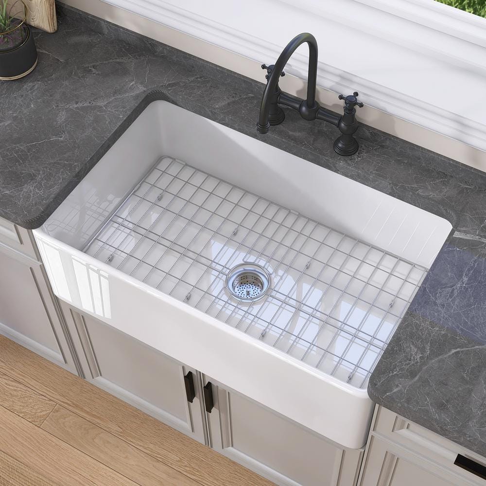 White Fireclay Single Bowl Farmhouse Kitchen Sink with Grid