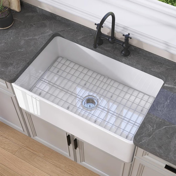 White Fireclay 30 in. Single Bowl Farmhouse Apron Kitchen Sink