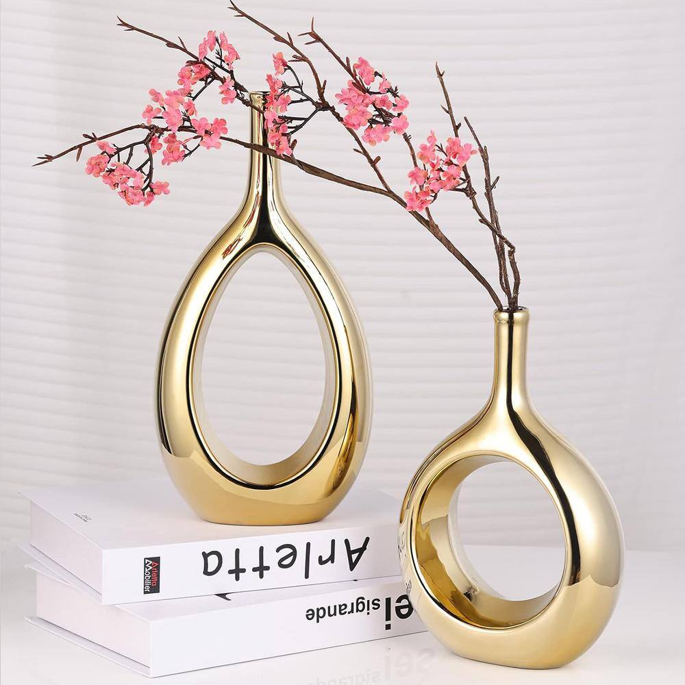 Glossy Gold Ceramic Ellipse Hollow Table Vase Set