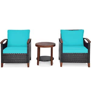 3-Piece Rattan Wood Patio Conversation Set With Turquoise Green Cushions and Round Wood Table