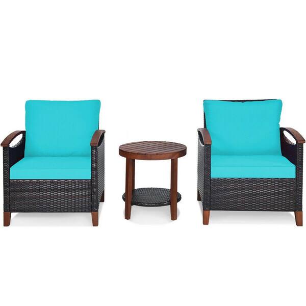FORCLOVER 3-Piece Rattan Wood Patio Conversation Set With Turquoise Green Cushions and Round Wood Table