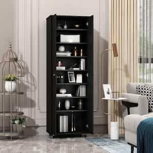 70.9 in. H Black Wood Storage Cabinet Bookcase with adjustable Shelves, doors and Wheels