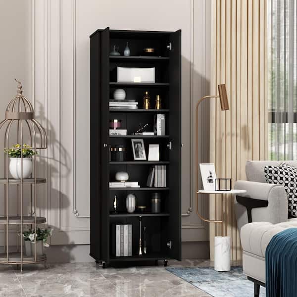 FUFU&GAGA 70.9 in. H Black Wood Storage Cabinet Bookcase with adjustable Shelves, doors and Wheels