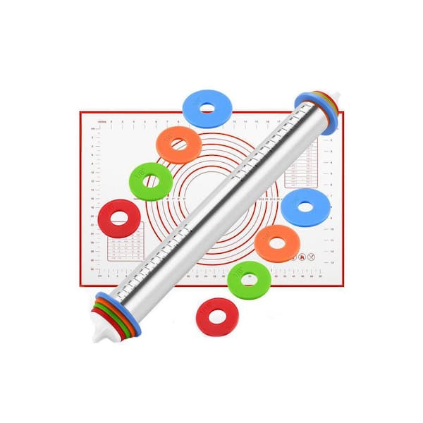 17 Inch Stainless Steel Red Rolling Pin and Nonstick Silicone Pastry Mat Set with Adjustable Thickness Rings for Baking