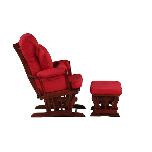 Premium Cherry Bent Wood with Dark Cherry and Red Fabric Glider and Ottoman Set with Bonus Back and Arm Pillows