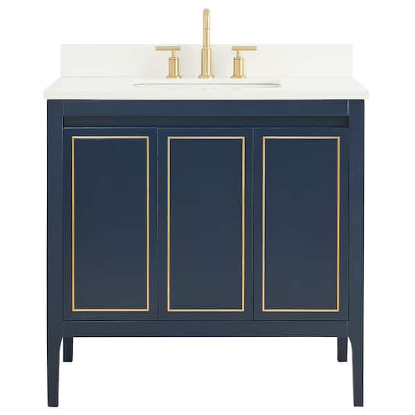 Chameleon Concepts Exeter 36 in. Free Standing Bath Vanity in Navy and Gold with Pure White Quartz Top and Single Sink Ceramic Basin