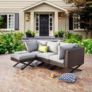 X-Leg 4-Piece Wicker Patio Conversation Sectional Seating Set with Gray Cushions