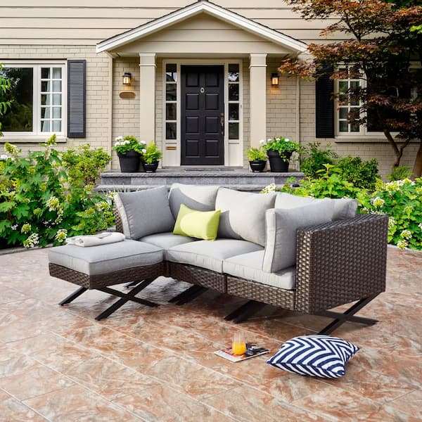 Patio Festival X-Leg 4-Piece Wicker Patio Conversation Sectional Seating Set with Gray Cushions