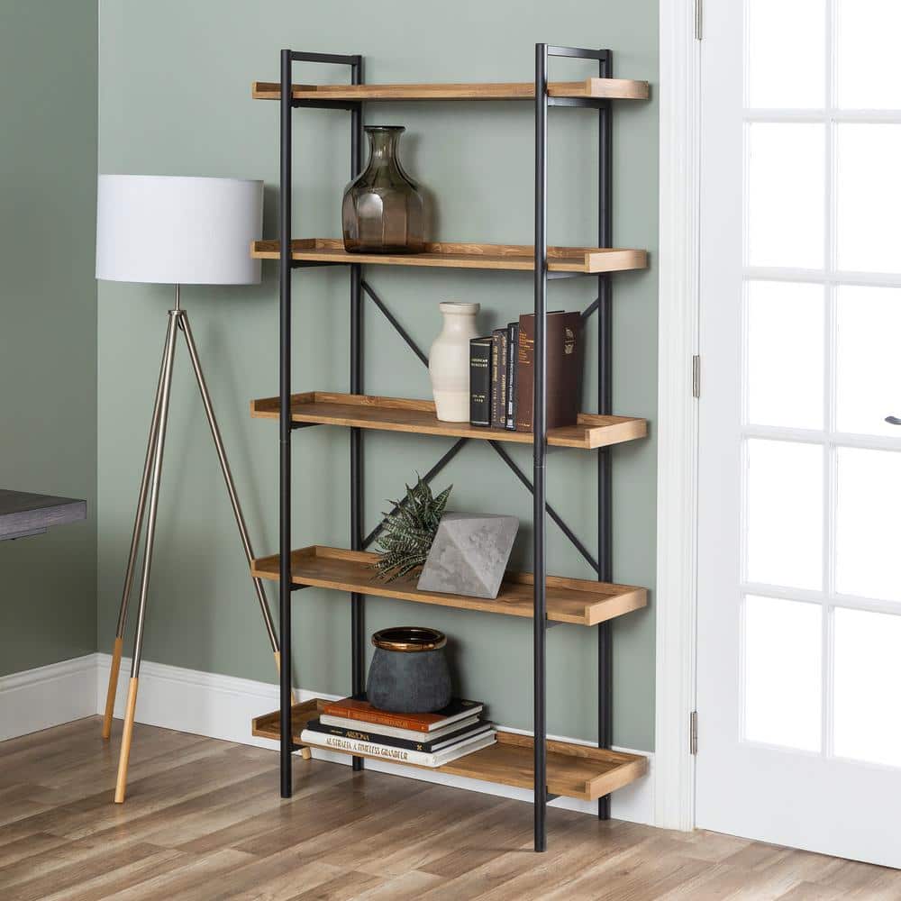 Adjustable Black Wood 36" Urban Etagere Bookshelf with 5 Shelves