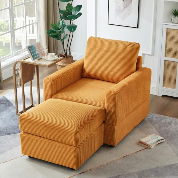 JUJABU Yellow Polyester Classic Corduroy Chaise Lounge with Ottoman for Living Room