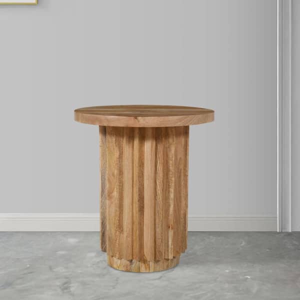 THE URBAN PORT 16 in. Natural Brown Round Mango Wood End Table with Handcrafted Reeded Base