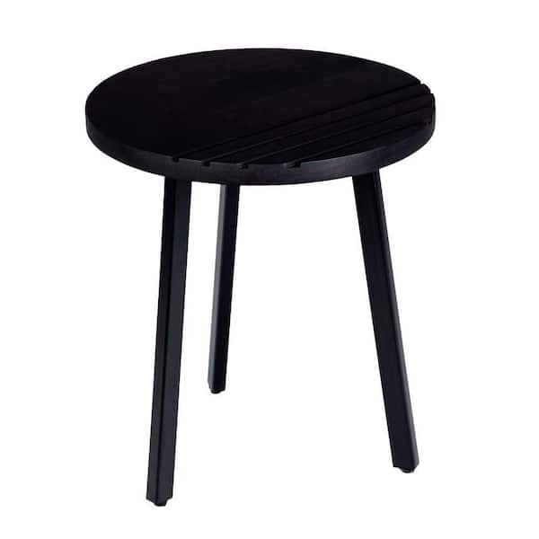 THE URBAN PORT 16 in. Black Round Mango Wood Side End Table with Grooved Design and Metal Legs