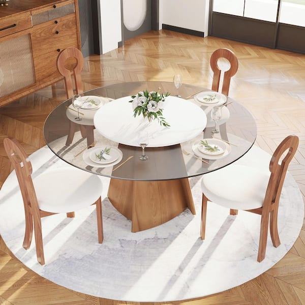 Magic Home Round 59 in. Walnut Tempered Glass Tabletop with Rotable Lazy Susan and Pedestal Base Dining Table (Seats 8)