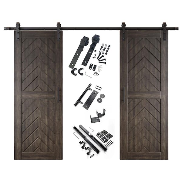 JT1 26 in. x 80 in. C-Panel Ebony Fishbone Design Double Pine Wood Sliding Barn Door with Hardware Kit