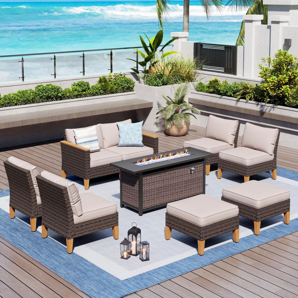 Brown Rattan Wicker 8 Seat 9-Piece Steel Outdoor Patio Conversation Set with Beige Cushions,Rectangular Fire Pit Table price history on PriceWatchPro