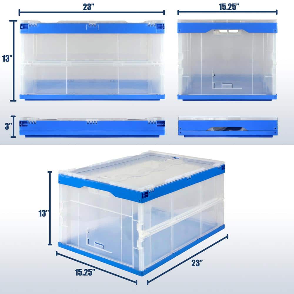 Clear and Blue Collapsible Plastic Storage Crate with Lid, 65L Capacity