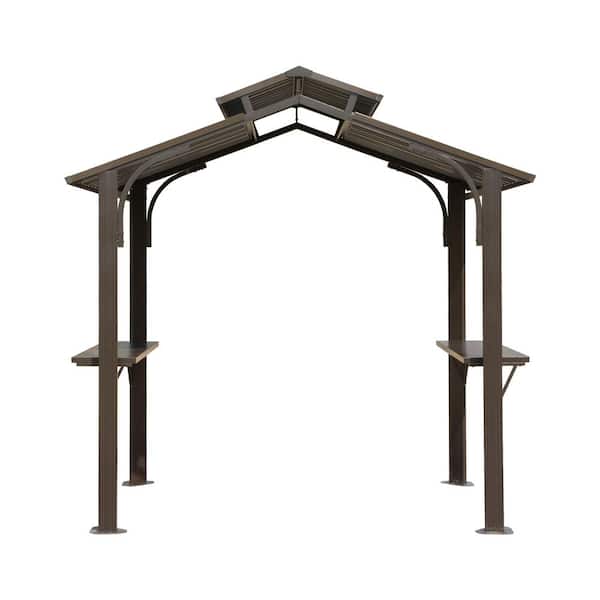 8 ft. x 5 ft. Dark Brown Hardtop Grill Gazebo with 2 Side Shelves and Ceiling Hooks