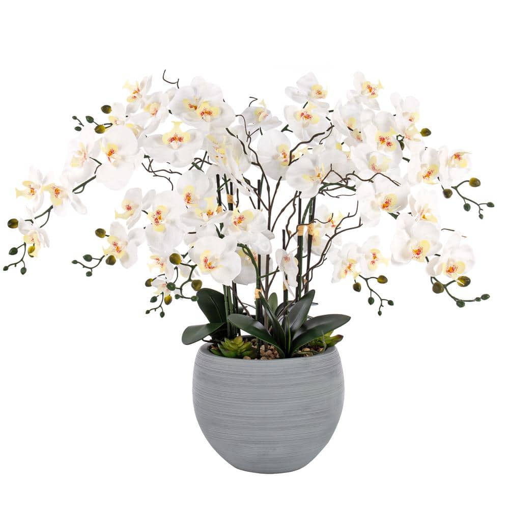 Gray Potted Faux Orchid Floral Arrangement for Outdoor Tabletop