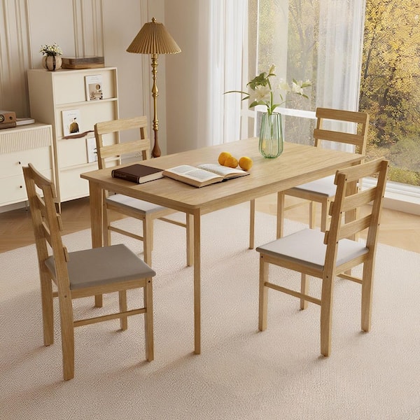5-piece Rectangular Wooden Dining Set 1 Wood Top Table and 4 Chairs with Beige Cushions