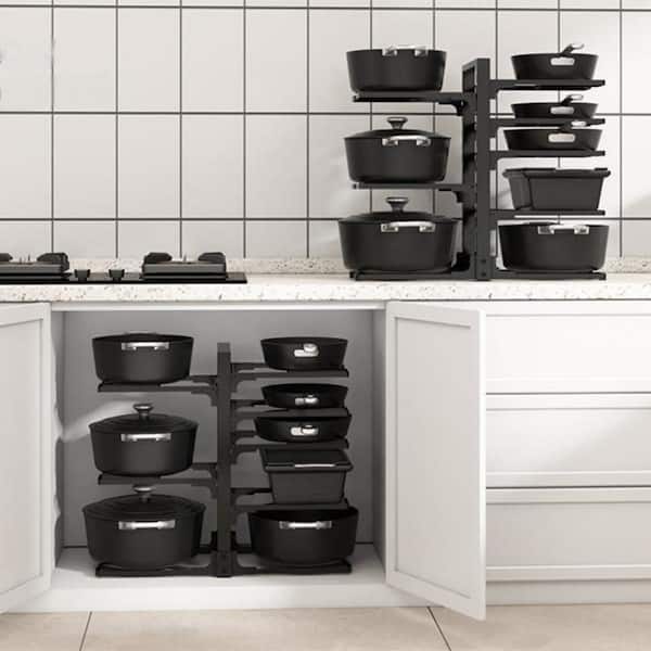 8-Tier Black Carbon Steel Adjustable Under Cabinet Standing Pot Rack, Pots and Pans Organizer Inside Cabinet