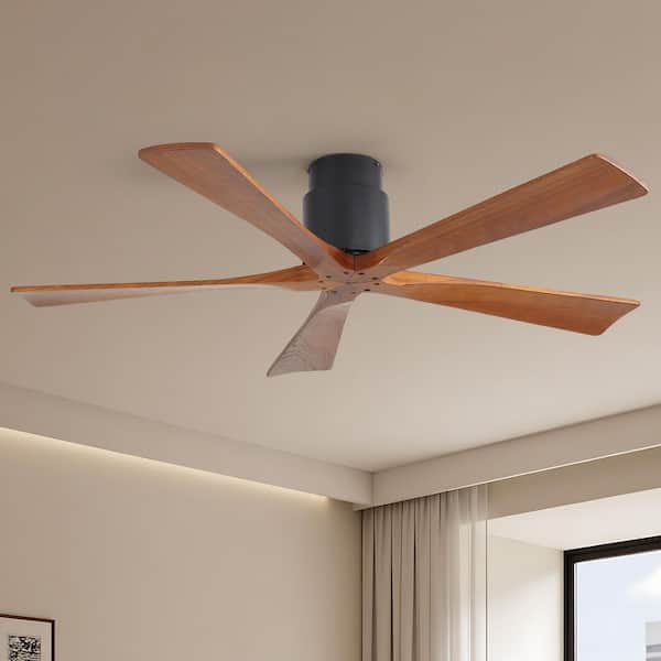 52 in. Indoor/Outdoor Standard Flush and Downrod Mount Solid Wood Black Ceiling Fan without Light and Remote Control
