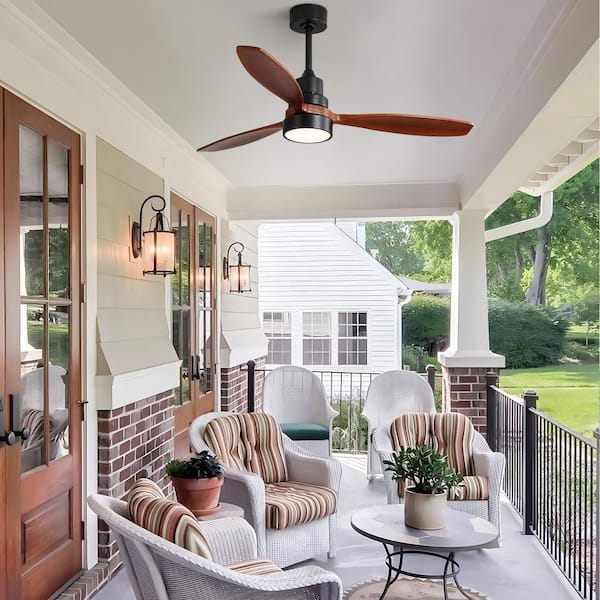 52 in. Indoor/Outdoor Wood Black Ceiling Fan with Light and 6 Speed Remote Control