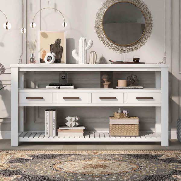 Polibi 62.2 in. White Rectangle Wood Console Table with 4-Drawers and 2-Shelves
