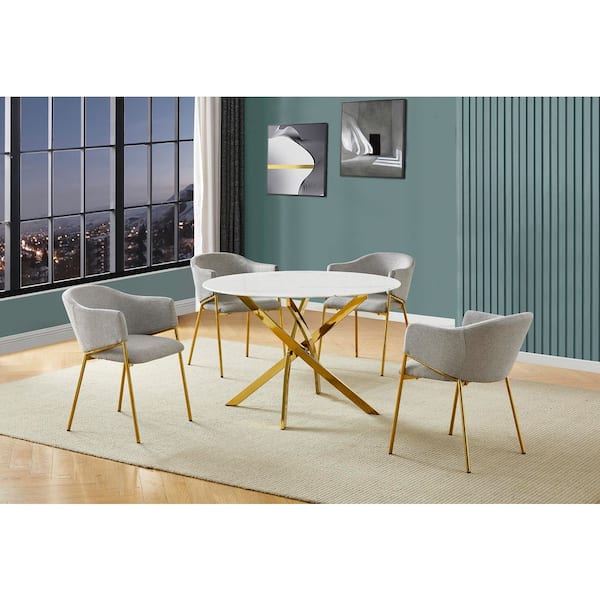 Best Quality Furniture Ruth 5-Piece White Marble Wrap Glass Top Gold Chrome Plated Base Dining Set with 4 Grey Linen Fabric Chairs