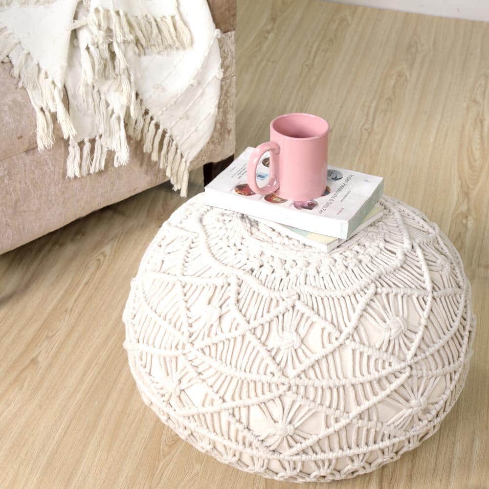 Braided Cotton Bliss Round Pouf in Beige/Natural, 20" x 16"