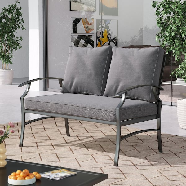 Black Metal Frame Outdoor Patio Loveseat with Gray Cushions