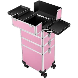 4 in 1 Aluminum Cosmetic Organizer Box with Shoulder Straps in Pink