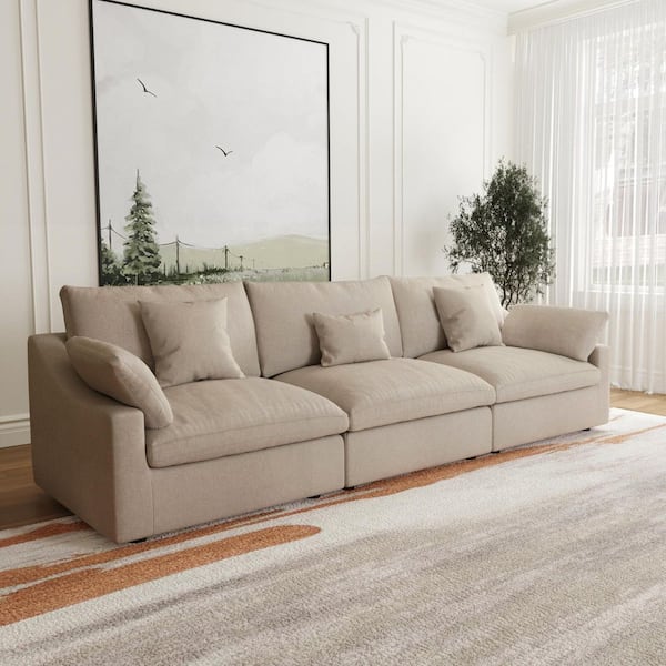 119.29 in. Square Arm 3-Piece Linen Modular Free Combination Sectional Sofa with Removeble Covers in. Brown 3 Seater