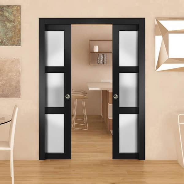 2552 72 in. x 80 in. 3 Panel Black Finished Pine Wood Sliding Door with Double Pocket Hardware