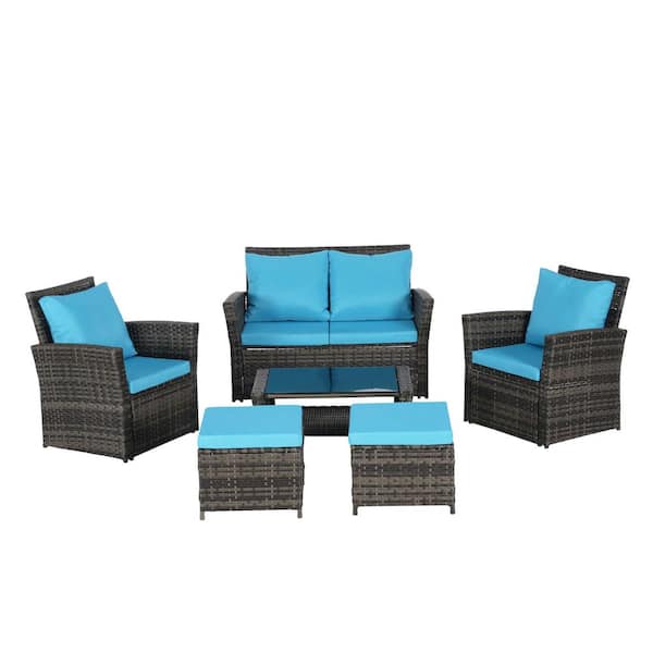 Unbranded 6 Pieces Wicker Patio Conversation Set, Outdoor Furniture with Light Blue Cushions, Ottoman, Tempered Glass Coffee Table