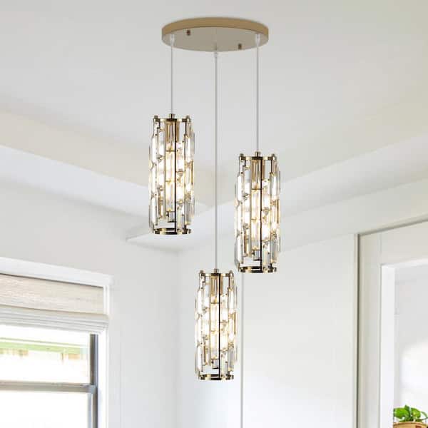 3-Light Gold Modern Metal Hanging Pendant Light Ceiling Light with Crystal Cover