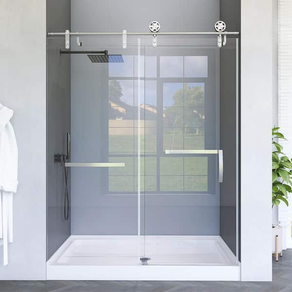 Getpro 56 to 60 in. W x 76 in. H Sliding Frameless Shower Door in Brushed Nickel with Single Explosion-Proof Film Clear Glass